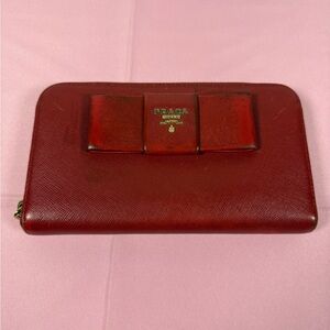 Prada Dark Red Saffiano Bow Zip Around Continental Wallet